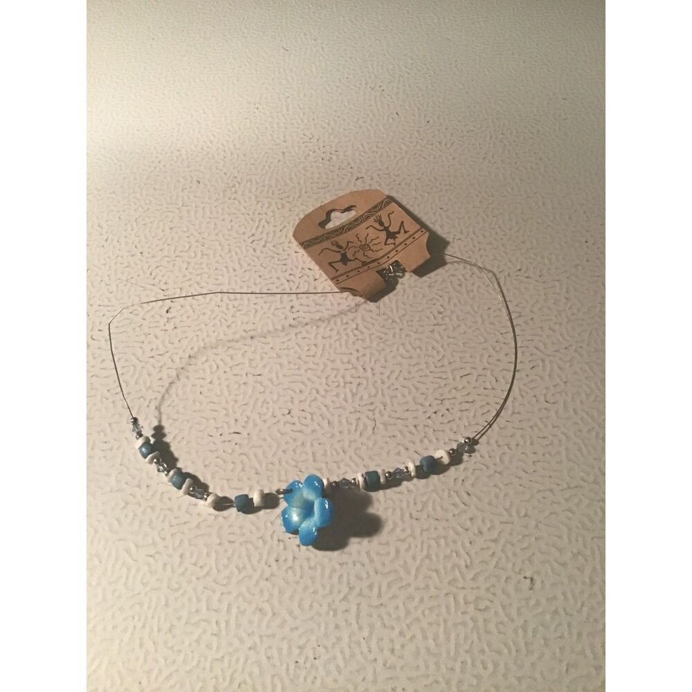 Artisanal Philippines Beaded Necklace-Blue Glass Flower & Tribal Floating Design